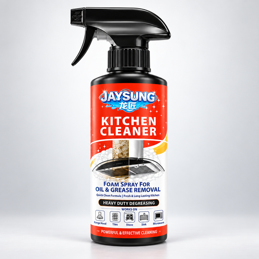 JAYSUNG Kitchen Cleaner foam spray bottle with black trigger and red-and-white label.