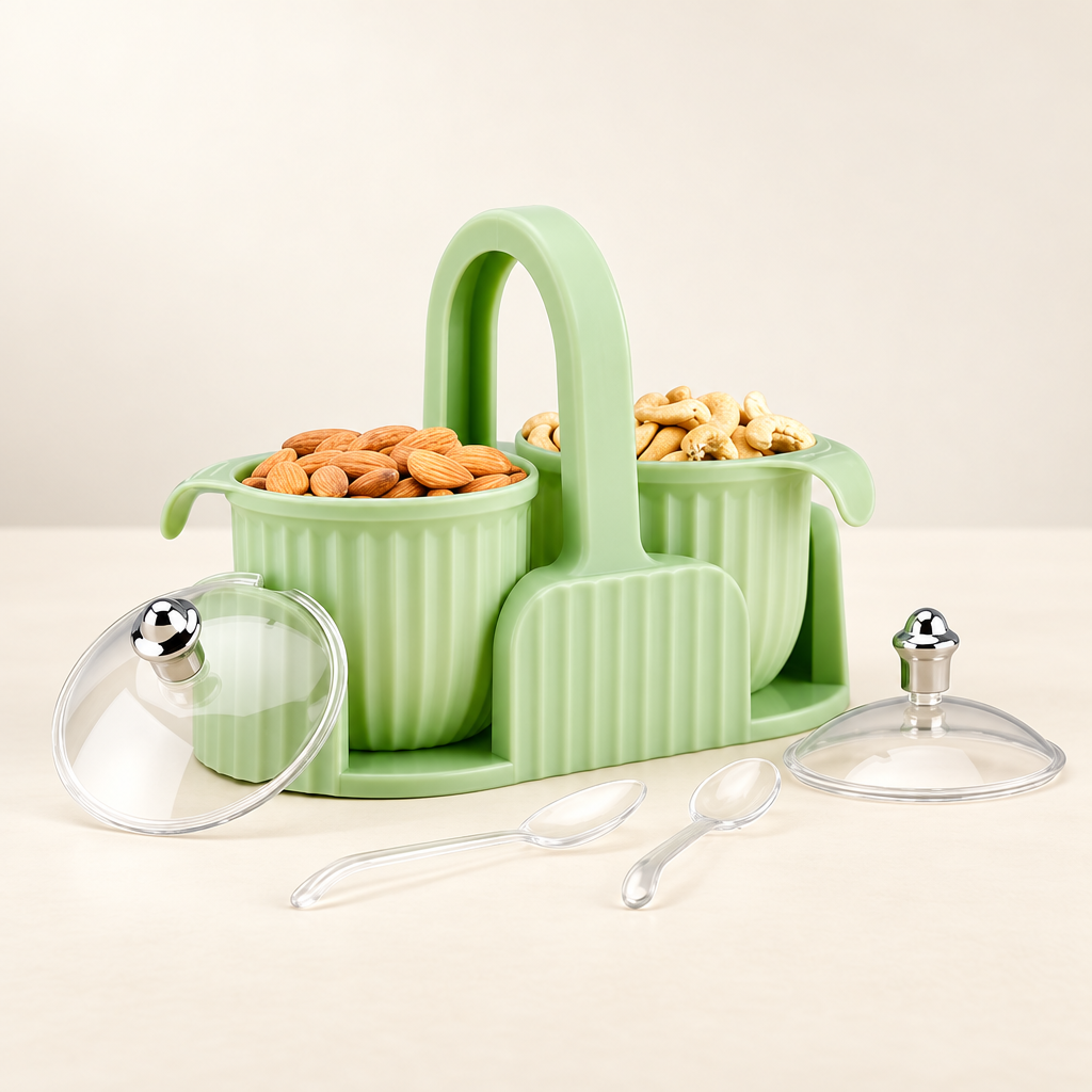 Mint-green plastic tray with two covered dry fruit containers, two clear spoons and a centre handle.