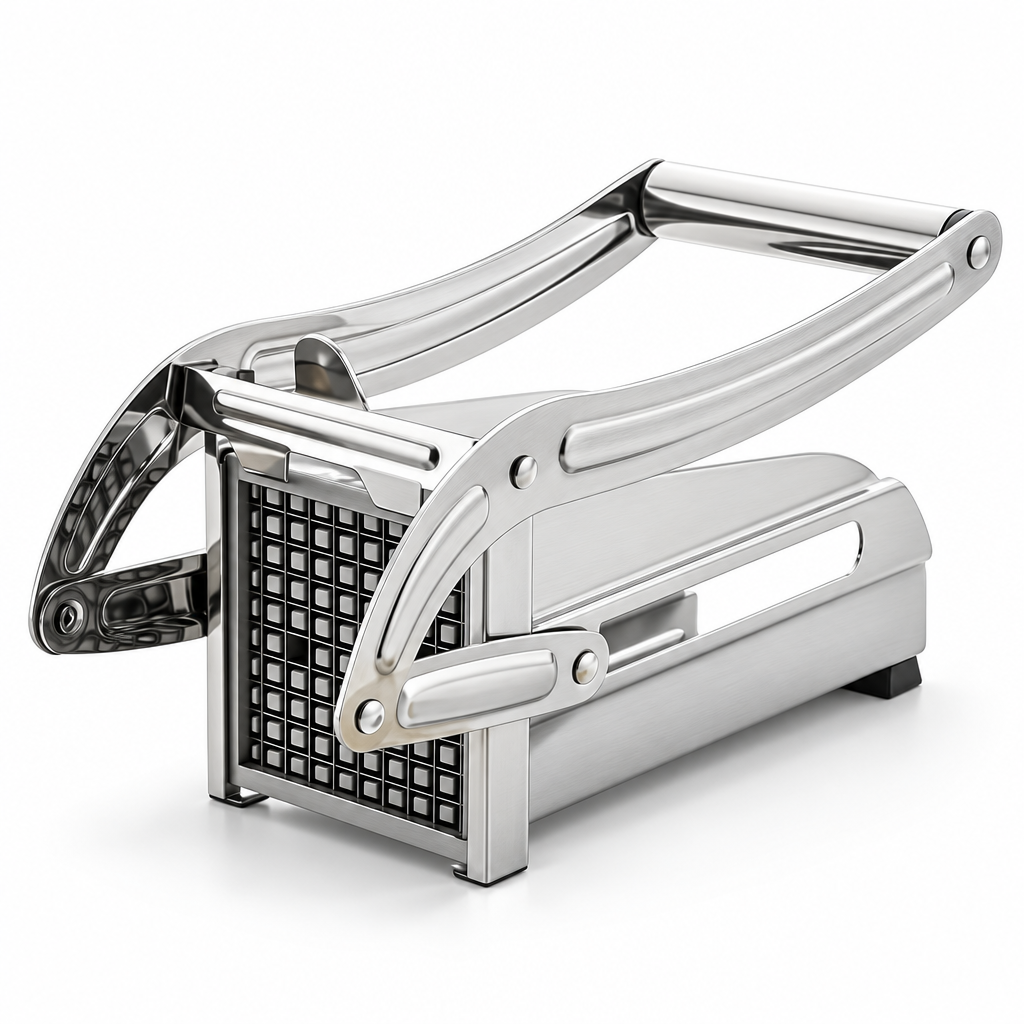 Stainless steel manual French fries potato cutter with lever handle and cutting grid.