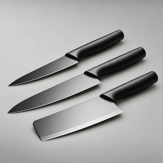 Three-piece kitchen knife set with black handles and metal-finish blades.