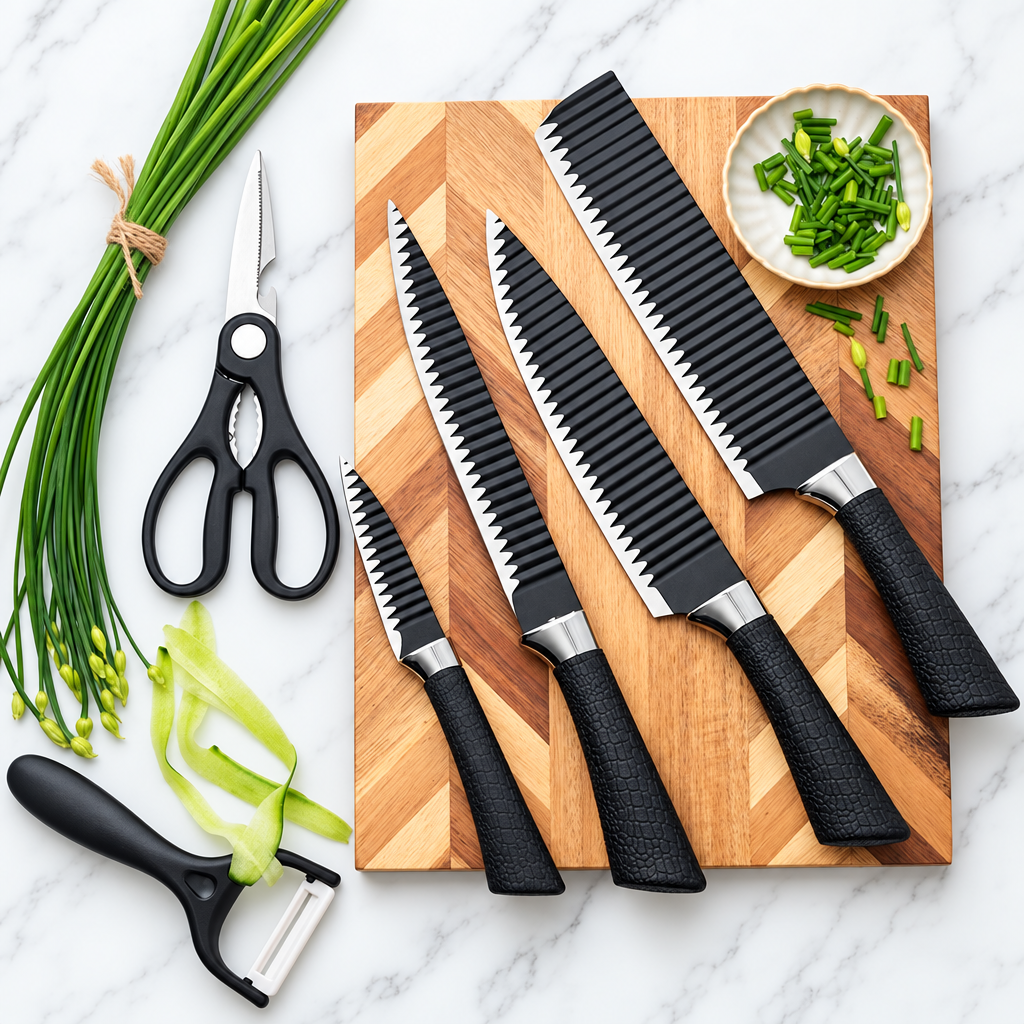 Four serrated kitchen knives with black handles on a wooden cutting board, with scissors and a peeler shown alongside.
