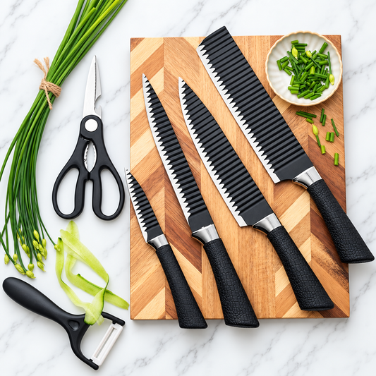 Four serrated kitchen knives with black handles on a wooden cutting board, with scissors and a peeler shown alongside.