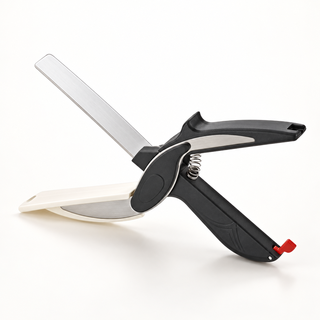 Clever Cutter Kitchen Knife with black scissor-style handle and silver blade.