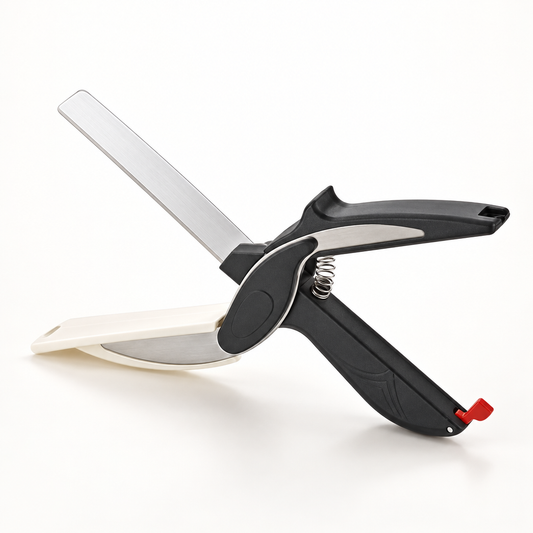 Clever Cutter Kitchen Knife with black scissor-style handle and silver blade.