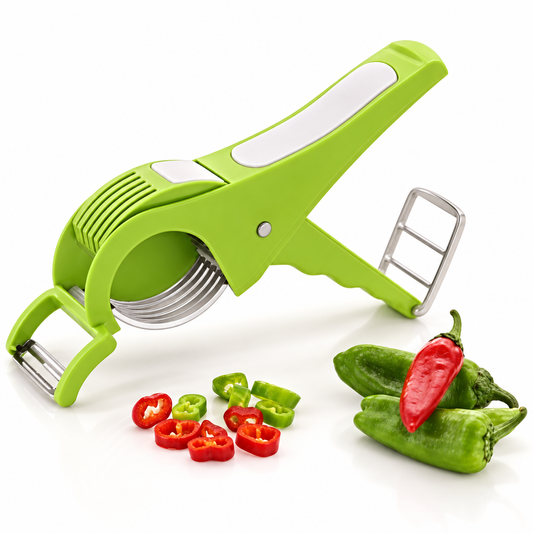 Green 2-in-1 vegetable cutter with peeler and white grip detail.