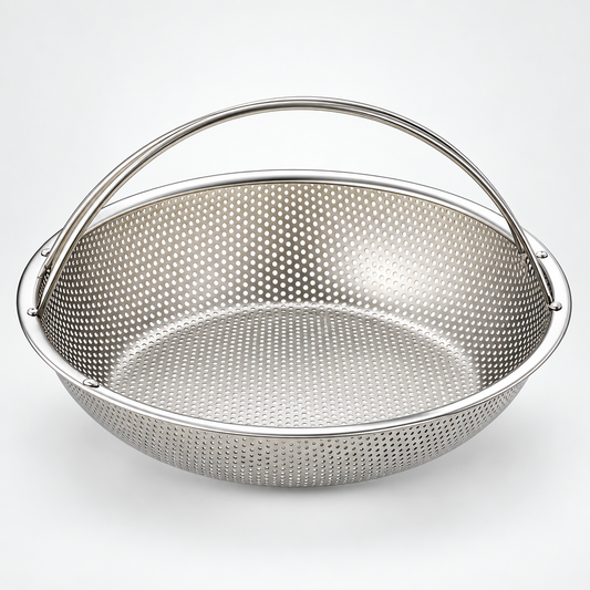 Metal perforated steamer basket with a long loop handle.