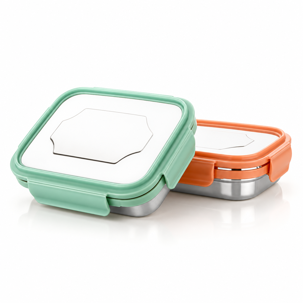 Two stainless steel lunch boxes with mint-green and peach-orange lidded closures.