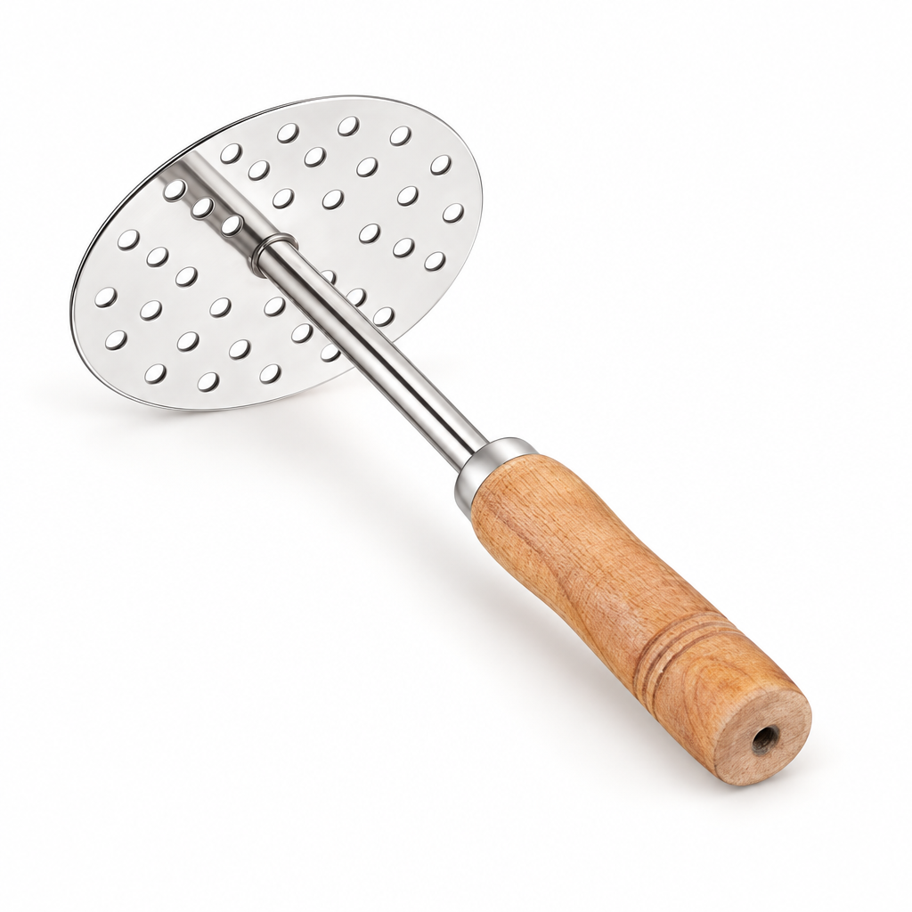 Stainless steel kitchen masher with perforated round head and wooden handle.