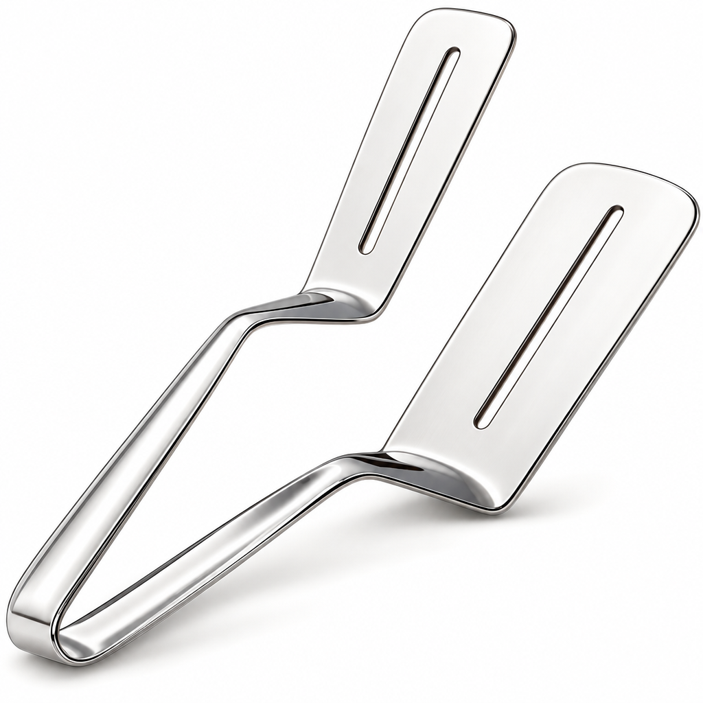 Silver slotted kitchen frying turner and serving tong.
