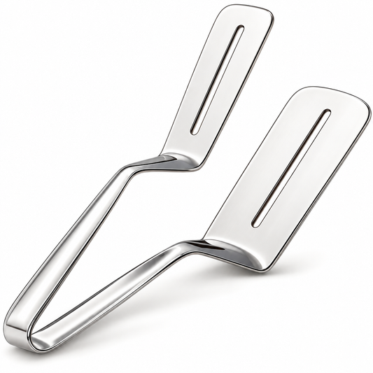 Silver slotted kitchen frying turner and serving tong.