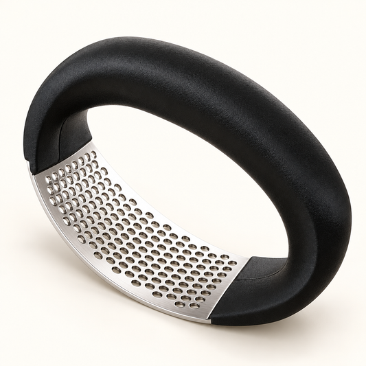 Stainless steel garlic press crusher with black curved handle