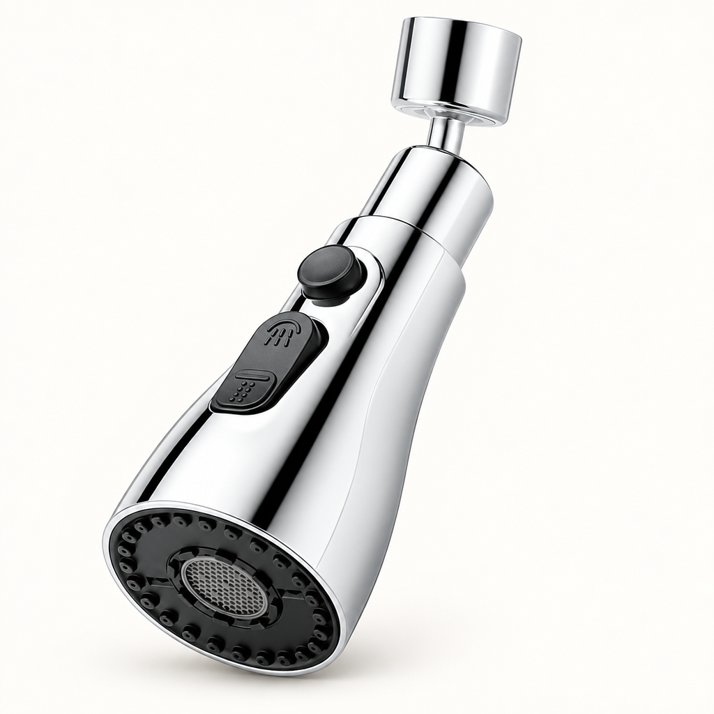 Silver and black 3-mode kitchen faucet spray head with swivel nozzle.