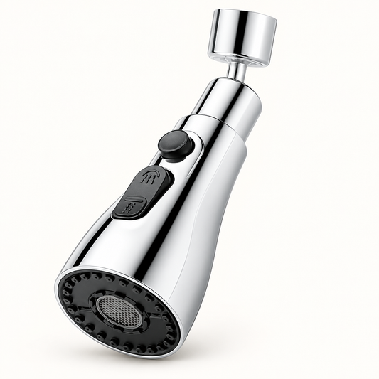 Silver and black 3-mode kitchen faucet spray head with swivel nozzle.