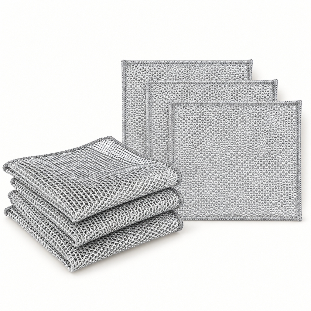 Silver-grey wire mesh dishwashing rags shown in folded stacks.