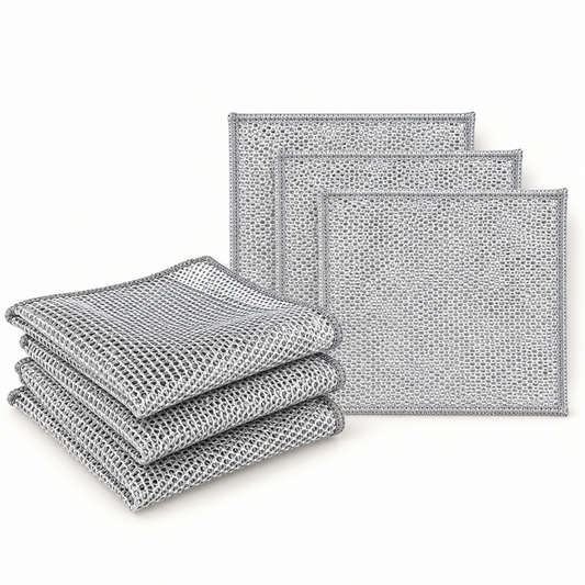 Silver-grey wire mesh dishwashing rags shown in folded stacks.