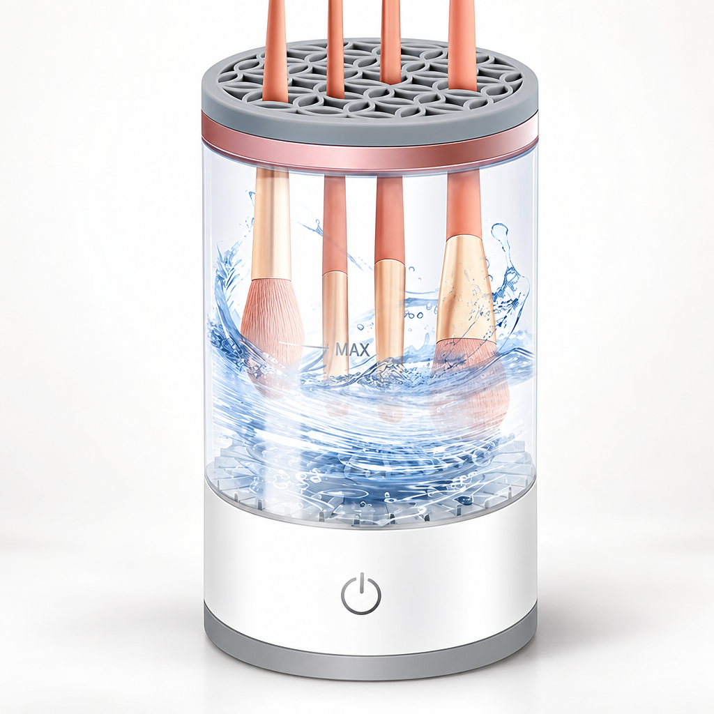 Electric makeup brush cleaner with transparent container, brush holder top, power button and MAX fill mark.