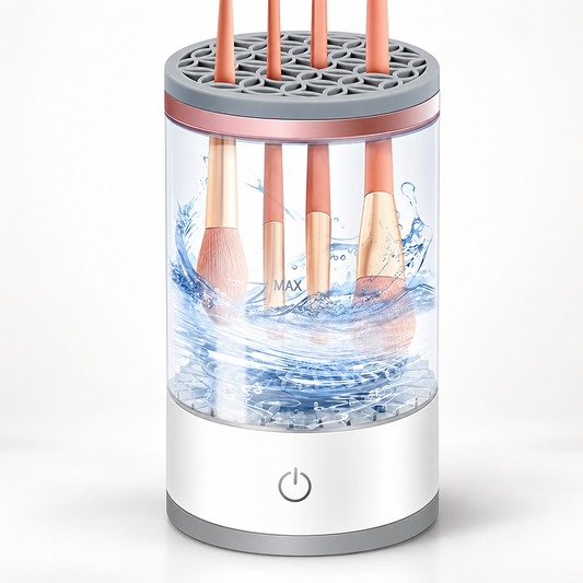Electric makeup brush cleaner with transparent container, brush holder top, power button and MAX fill mark.