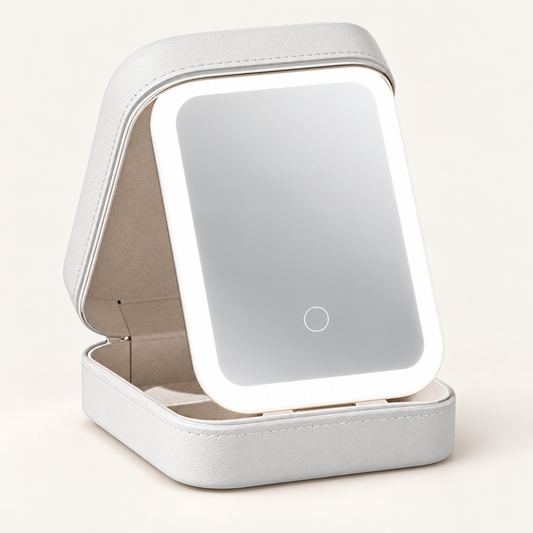 White travel jewellery and makeup case with an LED mirror.