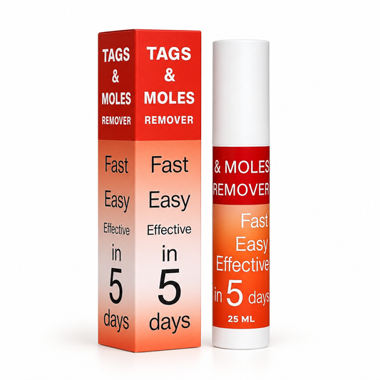 Tags & Moles Remover tube and carton showing 25 ml.