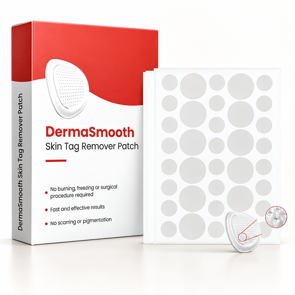 DermaSmooth Skin Tag Remover Patch carton with a sheet of round patches.