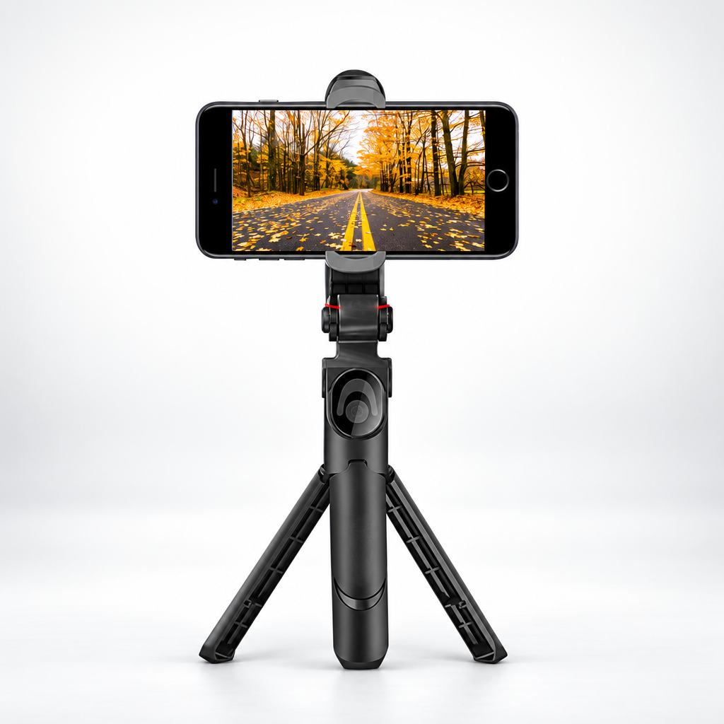 Black mobile phone holder with tripod-style legs holding a phone horizontally.