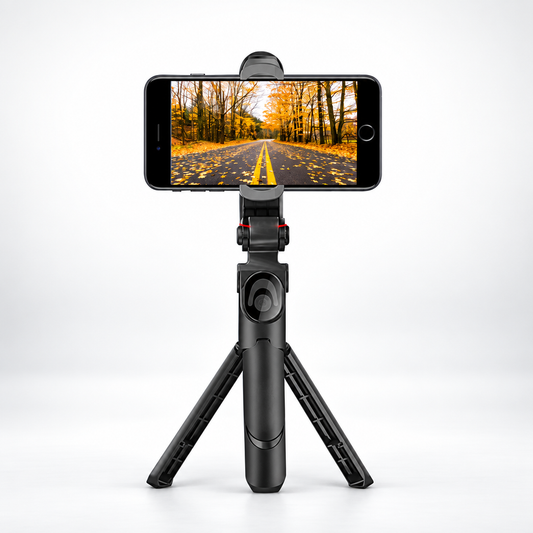 Black mobile phone holder with tripod-style legs holding a phone horizontally.