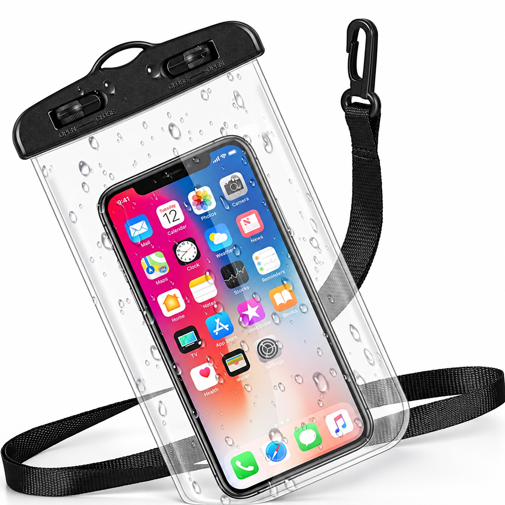 Transparent waterproof mobile pouch with black clip closure, lanyard and hook.