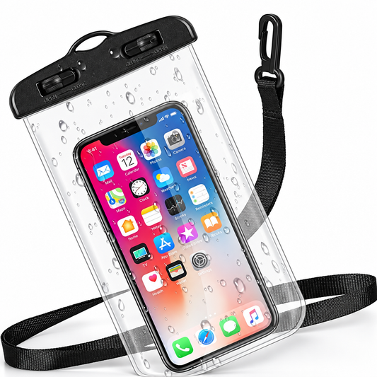Transparent waterproof mobile pouch with black clip closure, lanyard and hook.