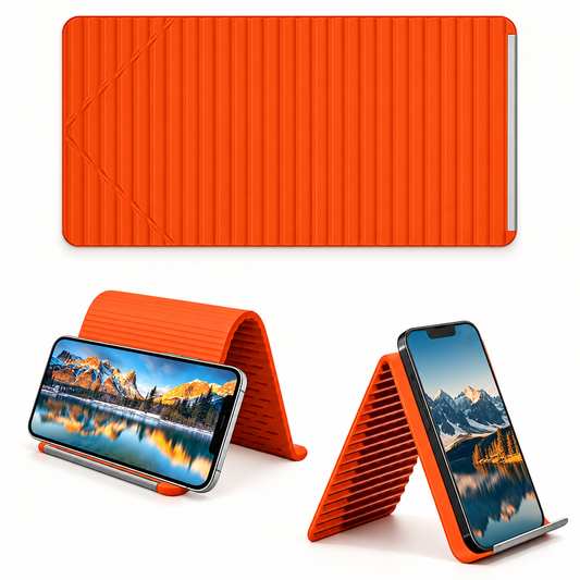 Orange foldable silicone and aluminium phone holder shown flat and in stand positions.