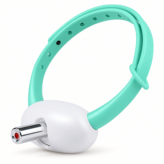 Mint-green adjustable cat collar toy with a white LED light module.