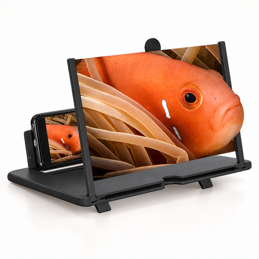 Black foldable mobile phone video screen magnifier with a phone placed behind its clear viewing screen.
