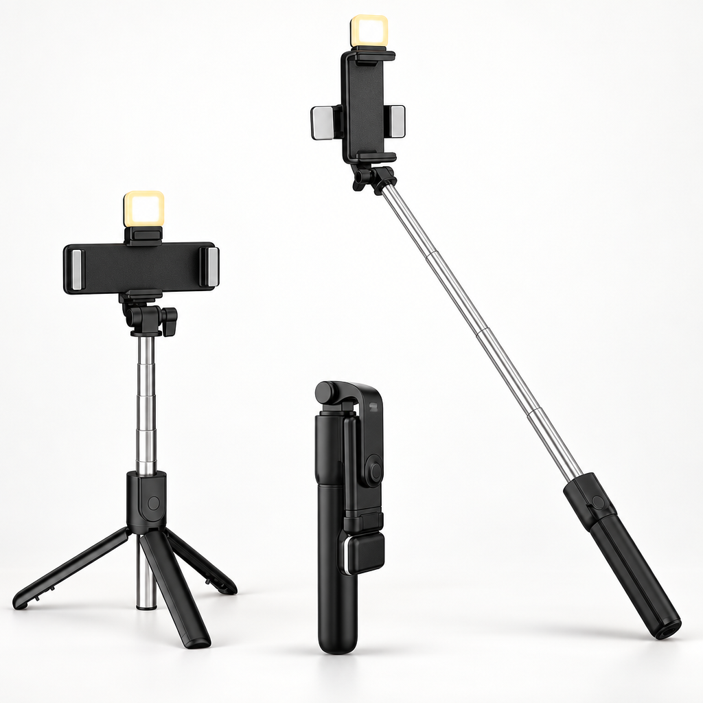 Magnetic phone mount with fold-out tripod base, telescopic pole and remote-style control shown.