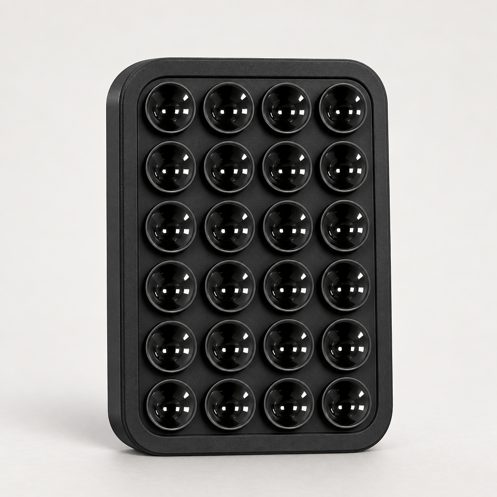 Black square silicone suction phone holder with multiple suction cups.