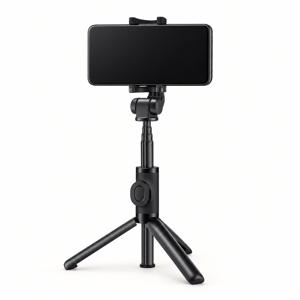Black mini tripod with phone clamp and three legs, shown holding a phone.