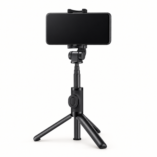 Black mini tripod with phone clamp and three legs, shown holding a phone.