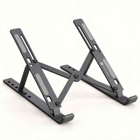 Dark grey adjustable folding device stand with hinged supports