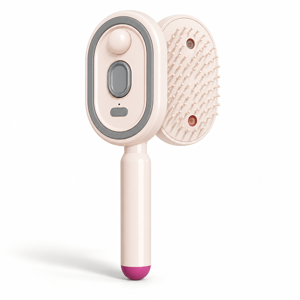 Pink electric spray air cushion massage comb with front and bristle-side views.