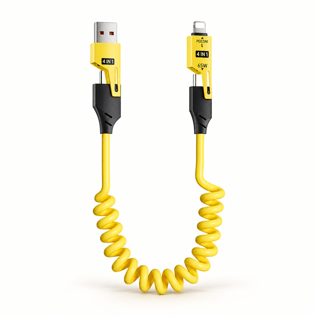 Yellow and black 4 in 1 spring charging cable with coiled cable design.