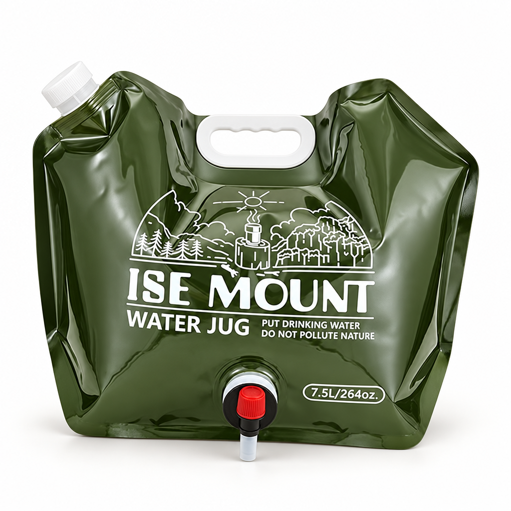 Green foldable 7.5L water container bag with carry handle, top cap and dispensing tap.