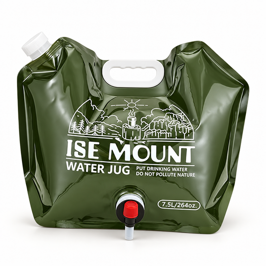 Green foldable 7.5L water container bag with carry handle, top cap and dispensing tap.