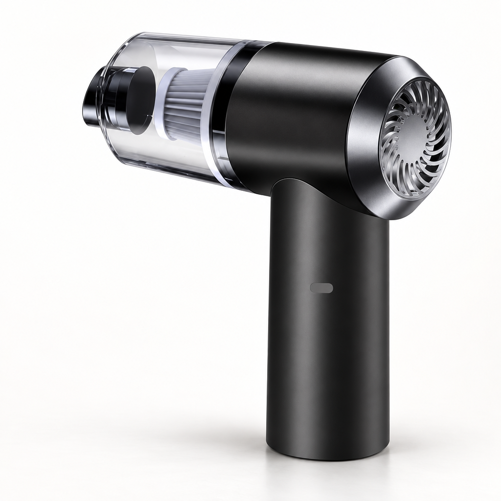 Black handheld USB-rechargeable vacuum cleaner with transparent dust chamber.