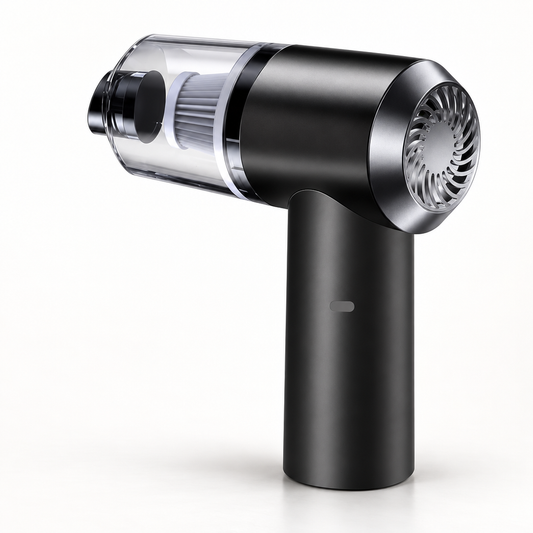 Black handheld USB-rechargeable vacuum cleaner with transparent dust chamber.